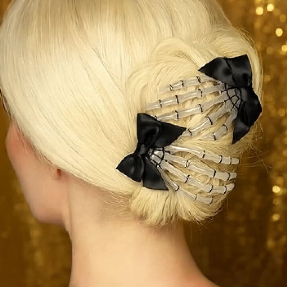 Scunci Glow In The Dark Skeleton Hand Hair Clips Black Bows Halloween Goth New - Picture 2 of 12